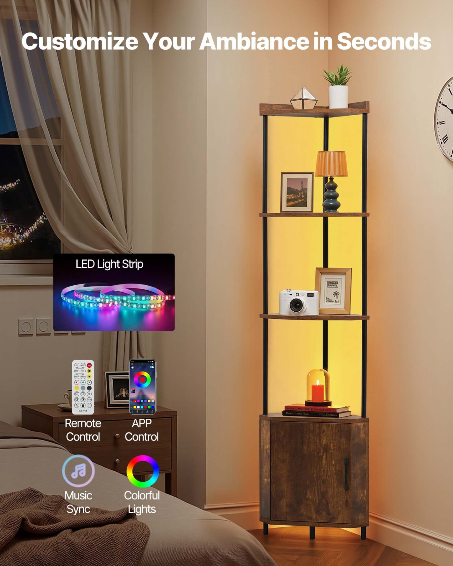 VEVOR 5 Tier Corner Shelf with LED Light, 65.4" Tall Corner Bookshelf with Storage Cabinet, Display Shelf with Multi-color Lights Controlled Via RC/APP for Bedroom, Living Room, Office