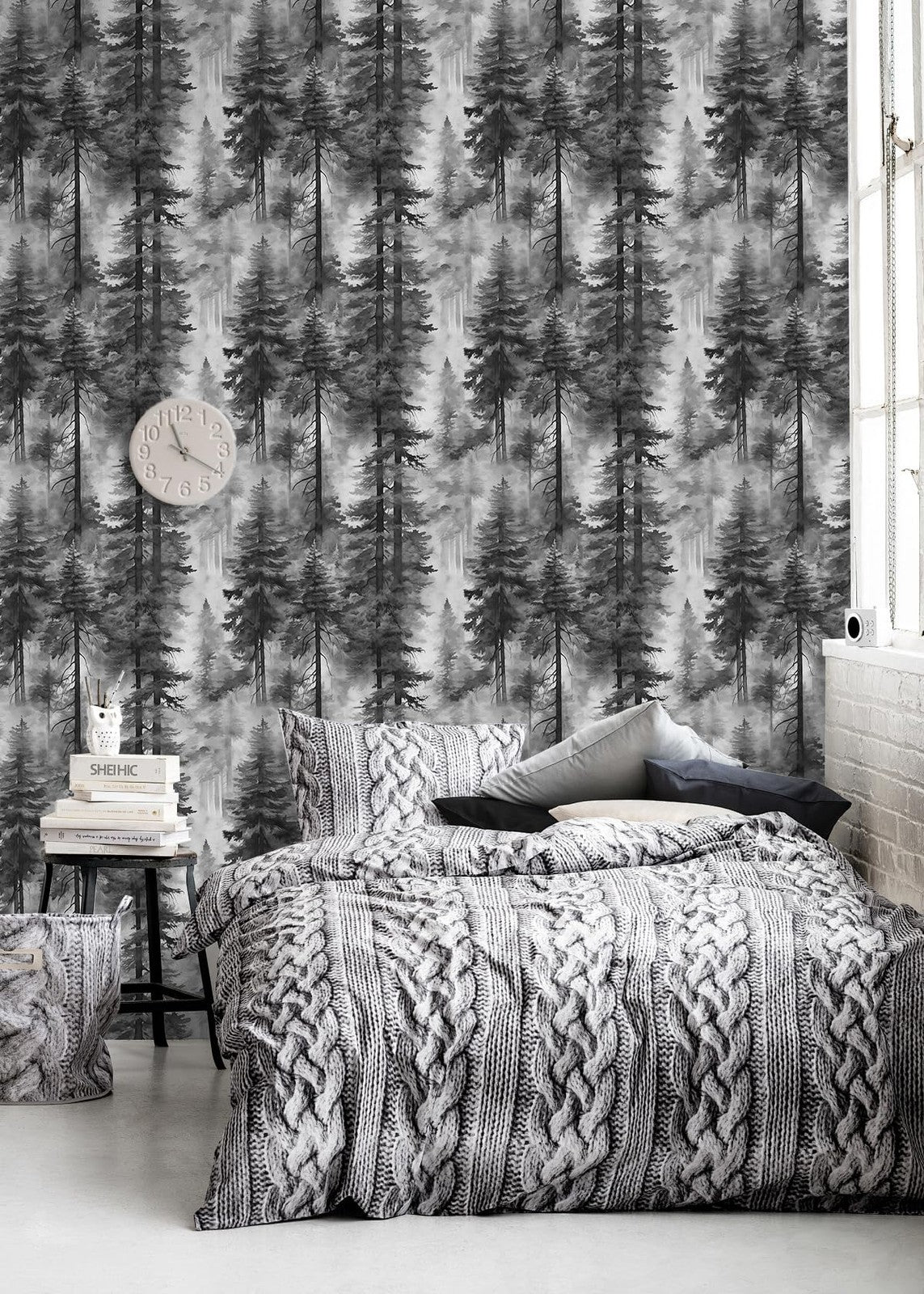 Black and White Forest Thick Vinyl Peel and Stick Wallpaper for Bathrooms and Bedrooms