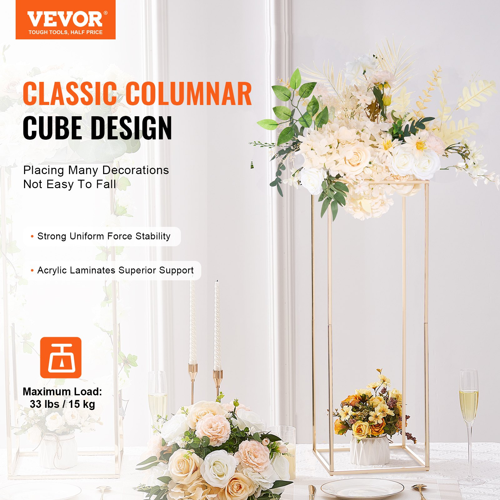 VEVOR 2PCS 31.5inch/80cm High Wedding Flower Stand, Metal Vase Column Geometric Centerpiece Stands, Gold Rectangular Floral Display Rack for T-Stage Events Reception, Party Decoration Home