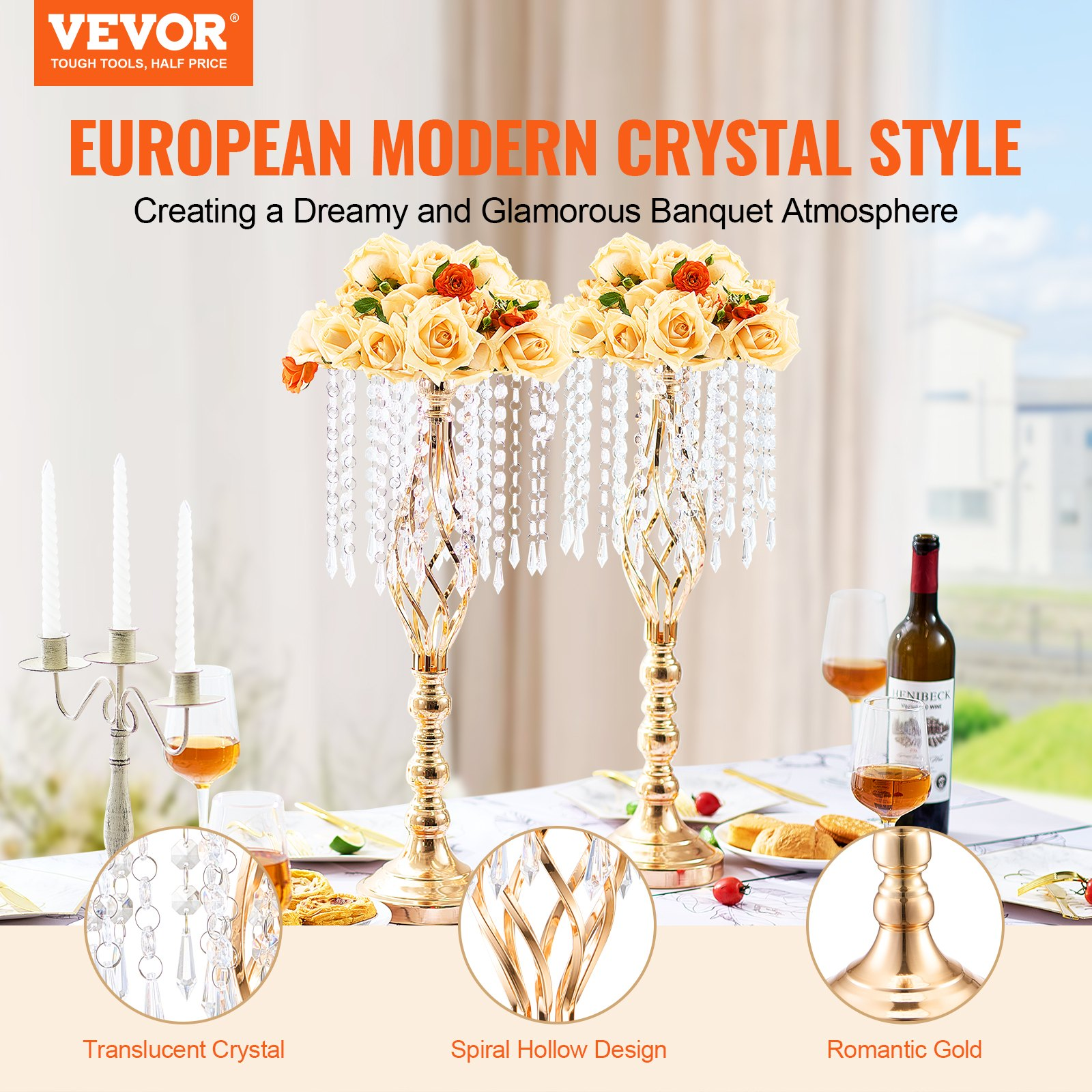 VEVOR 2PCS 55cm/21.65” Tall Crystal Wedding Flower Stand, Metal Wedding Centerpiece Vase, Gold Flower Holders Floral Display Rack for Tables Wedding Dinner Party, Ceremony Birthday Event Decor