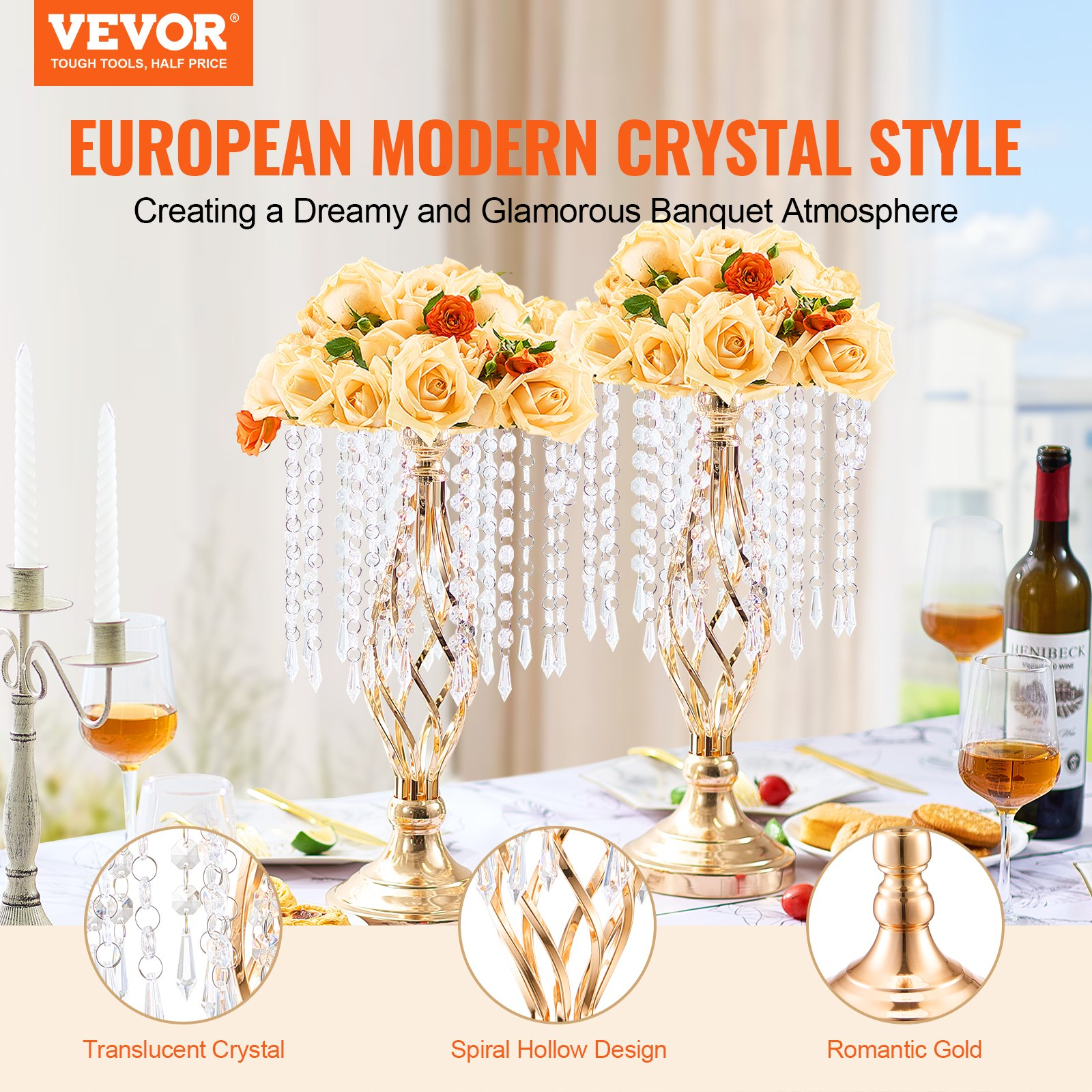 VEVOR 20PCS 43cm/16.9” Tall Crystal Wedding Flower Stand, Metal Wedding Centerpiece Vase, Gold Flower Holders Floral Display Rack for Tables Wedding Dinner Party, Ceremony Birthday Event Decor