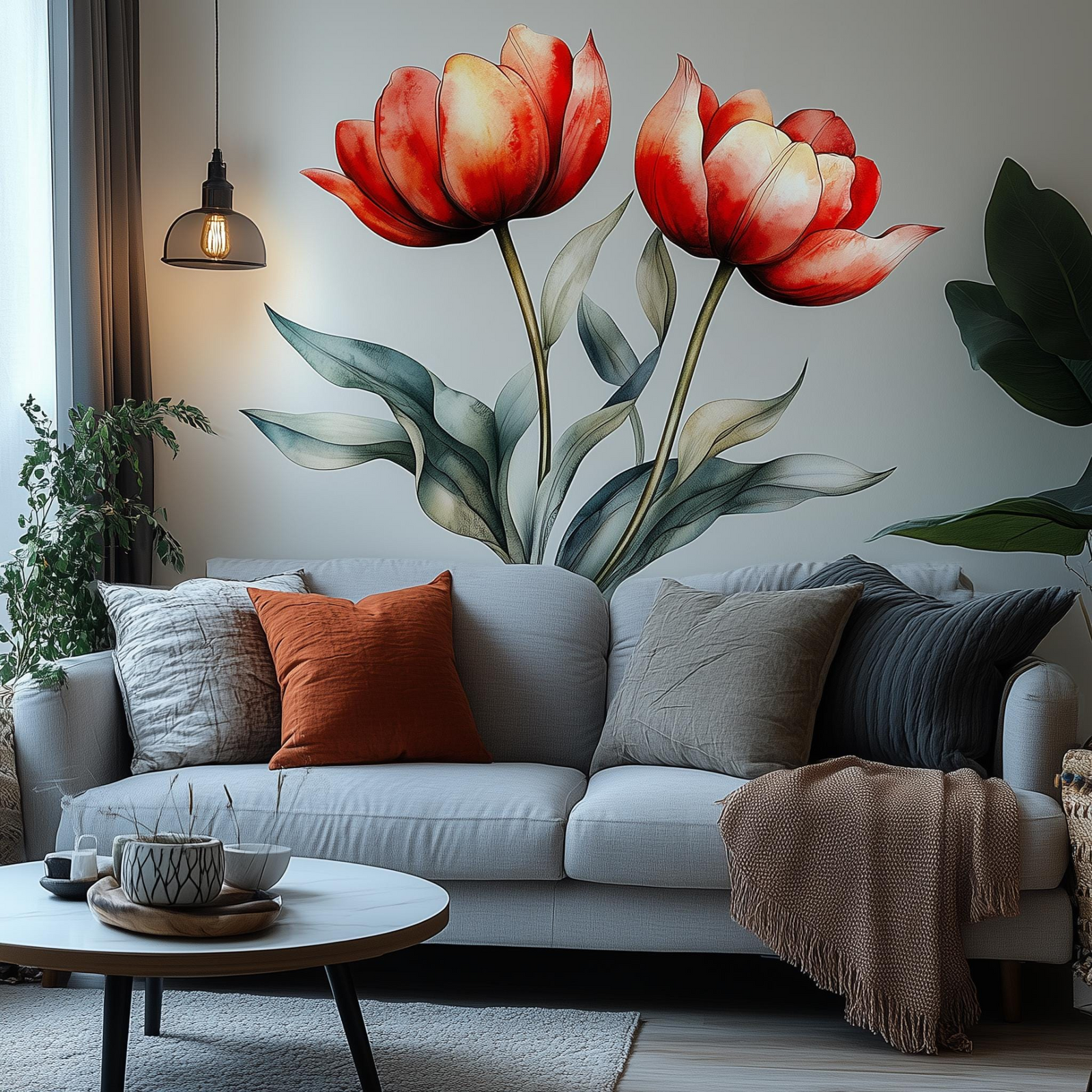 Red Tulip Wall Decal | Watercolor Flower Wall Sticker | Elegant Botanical Wall Art | Removable Vinyl Floral Mural | Living Room Nature Decor