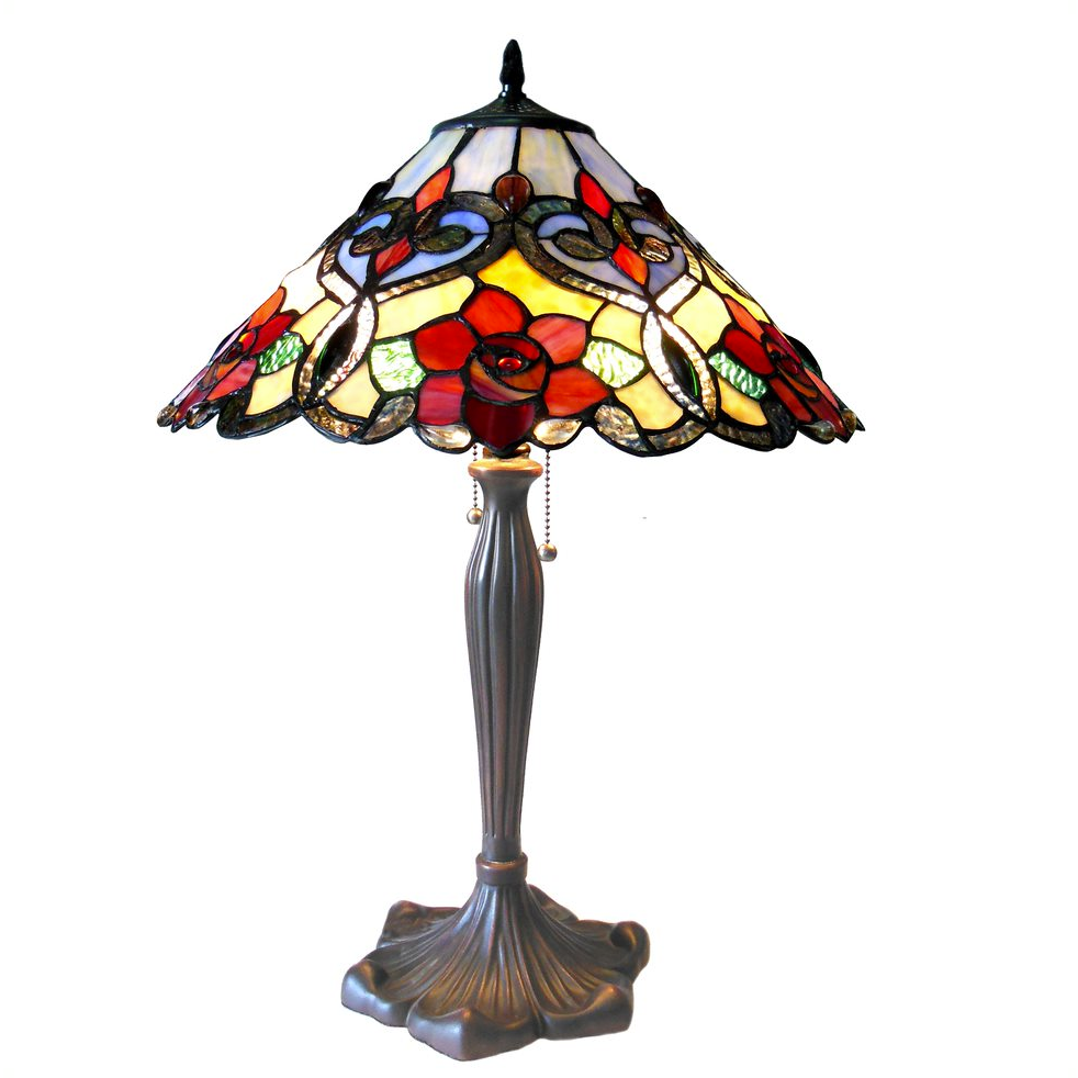 LINDSAY Tiffany-Style 2-Light Roses Table Lamp with 17" Stained Glass Shade – Antique Bronze Decorative Lighting