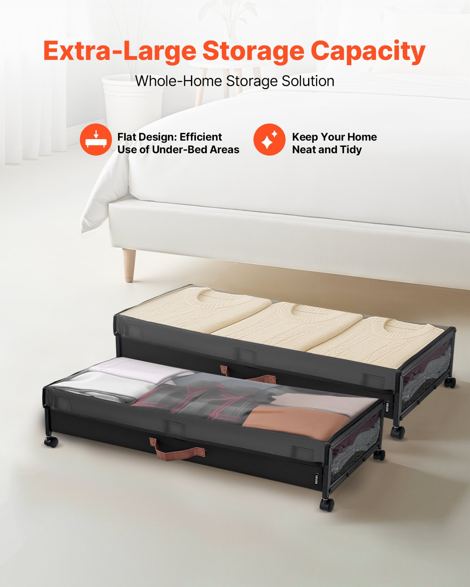 VEVOR Rolling Under Bed Storage with Wheels – Clear Lid, 2-Pack Heavy-Duty Organizers