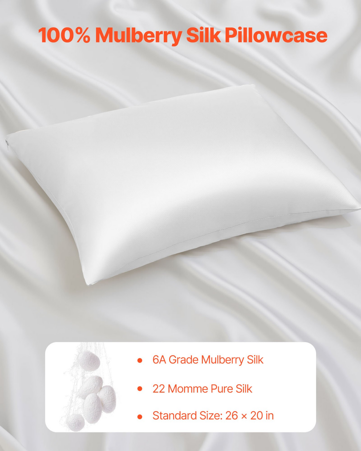 VEVOR Silk Pillowcase, 100% Pure Mulberry Silk Pillow Case, 26 in x 20 in Standard Silky Pillow Case for Hair and Skin, Smooth, Soft and Breathable Pillowcase with Hidden Zipper, for Sleeping (White)