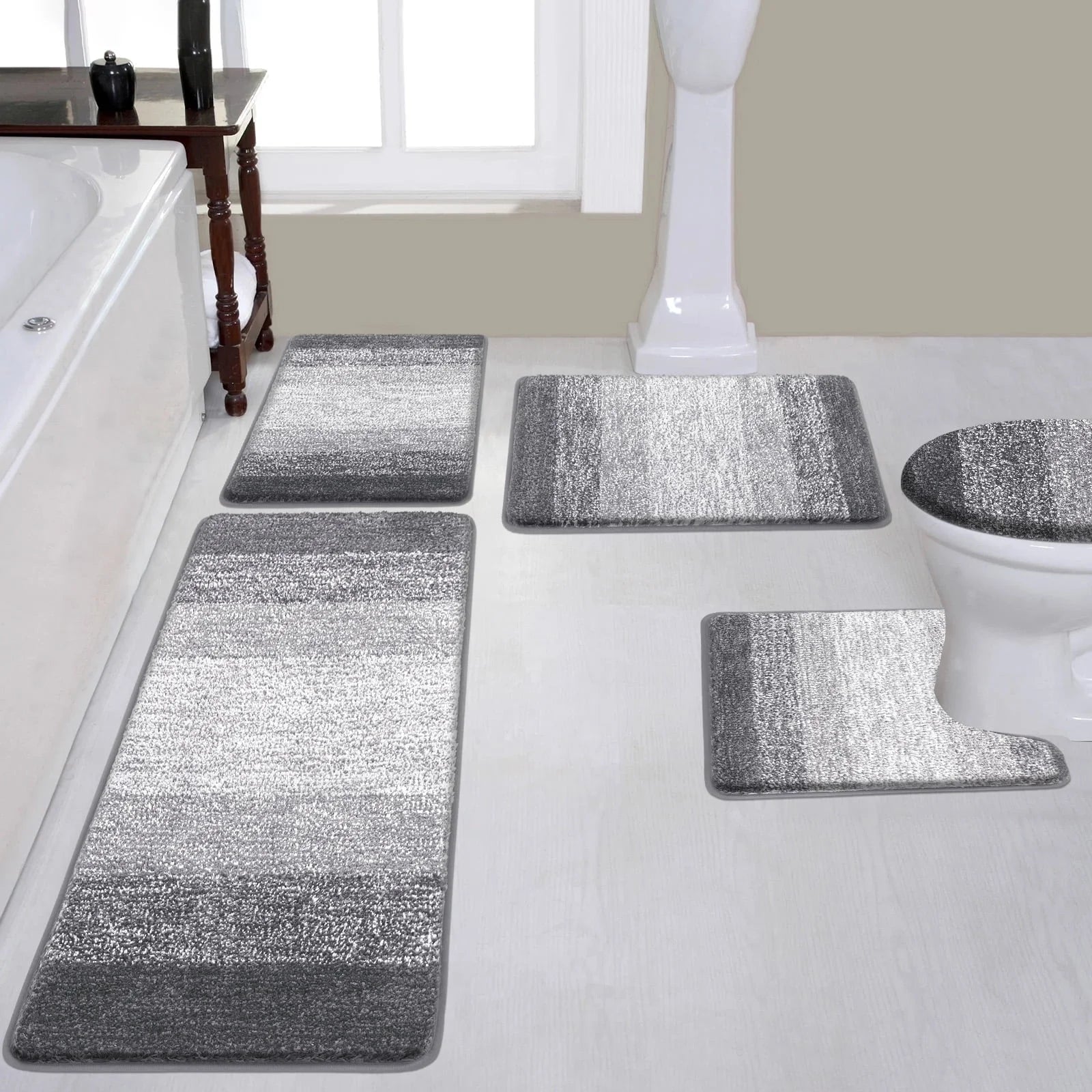 Traditional 4 Piece Microfiber Washable Bathroom Rug Set, Grey