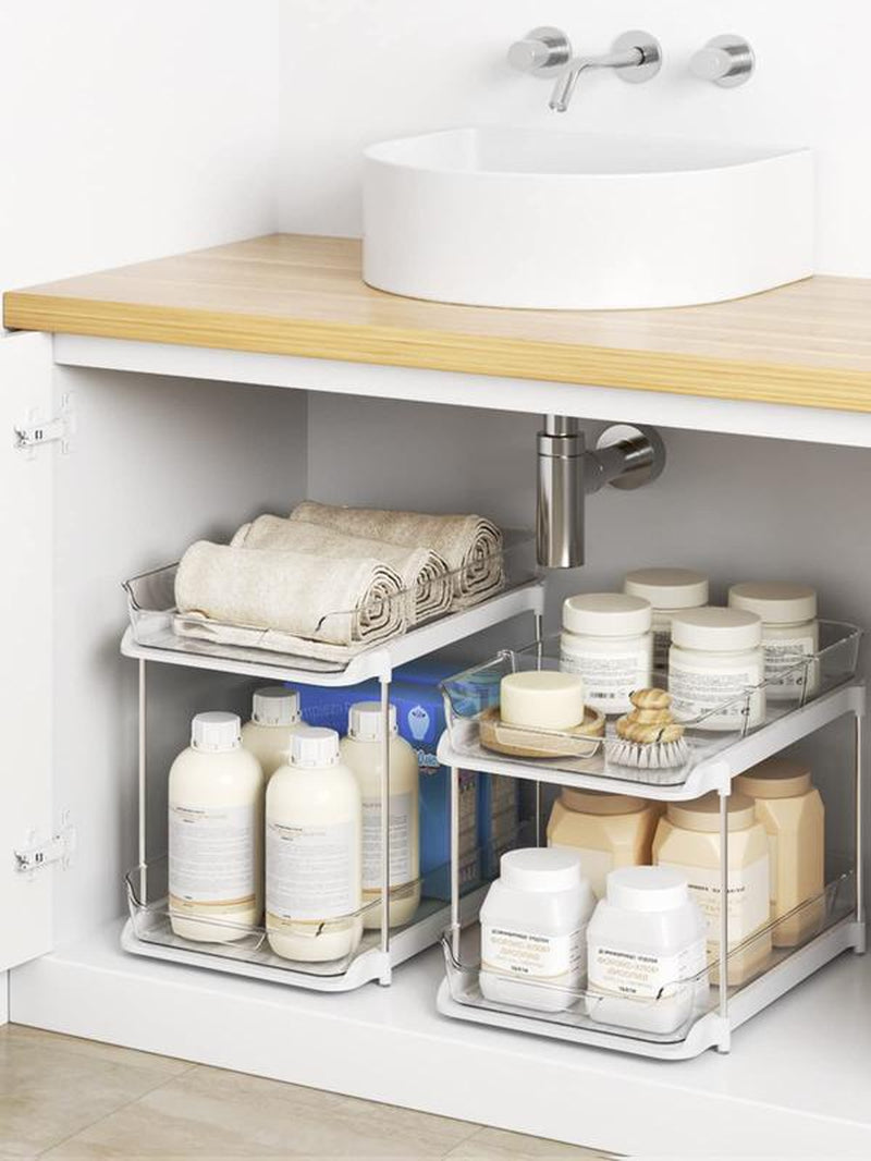 Delamu 2-Tier Multi-Purpose Bathroom Cabinet Organizer, Pull Out Under Sink Organizers and Storage, Stackable Pantry Organization and Storage, Clear Under Cabinet Storage with Movable Dividers