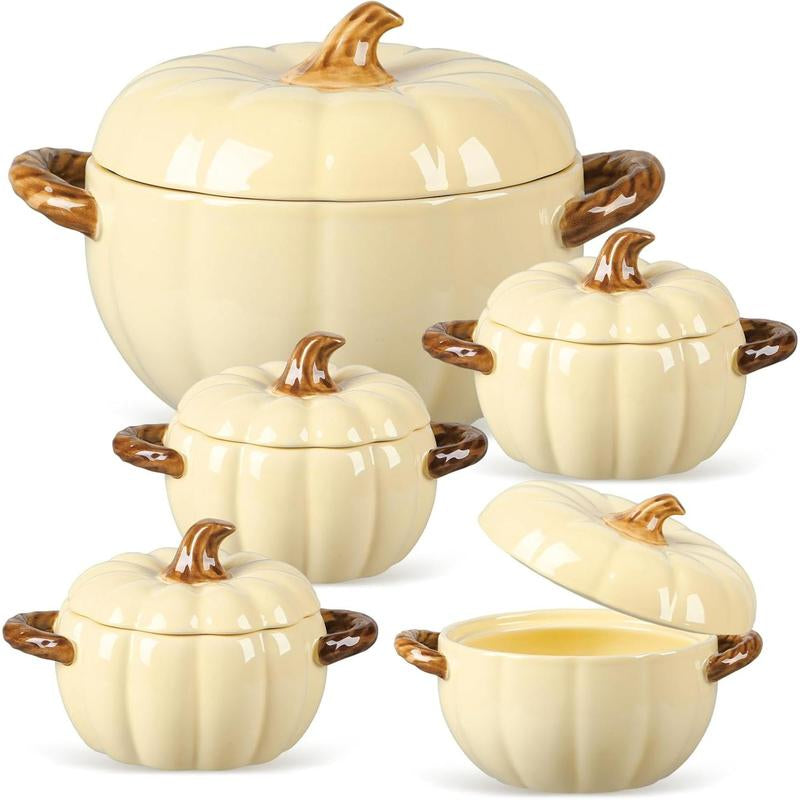 Set of 5 Ceramic Pumpkin Bowls with Lids & Handles – 17oz & 54oz Fall-Themed Soup, Dessert, and Storage Pots