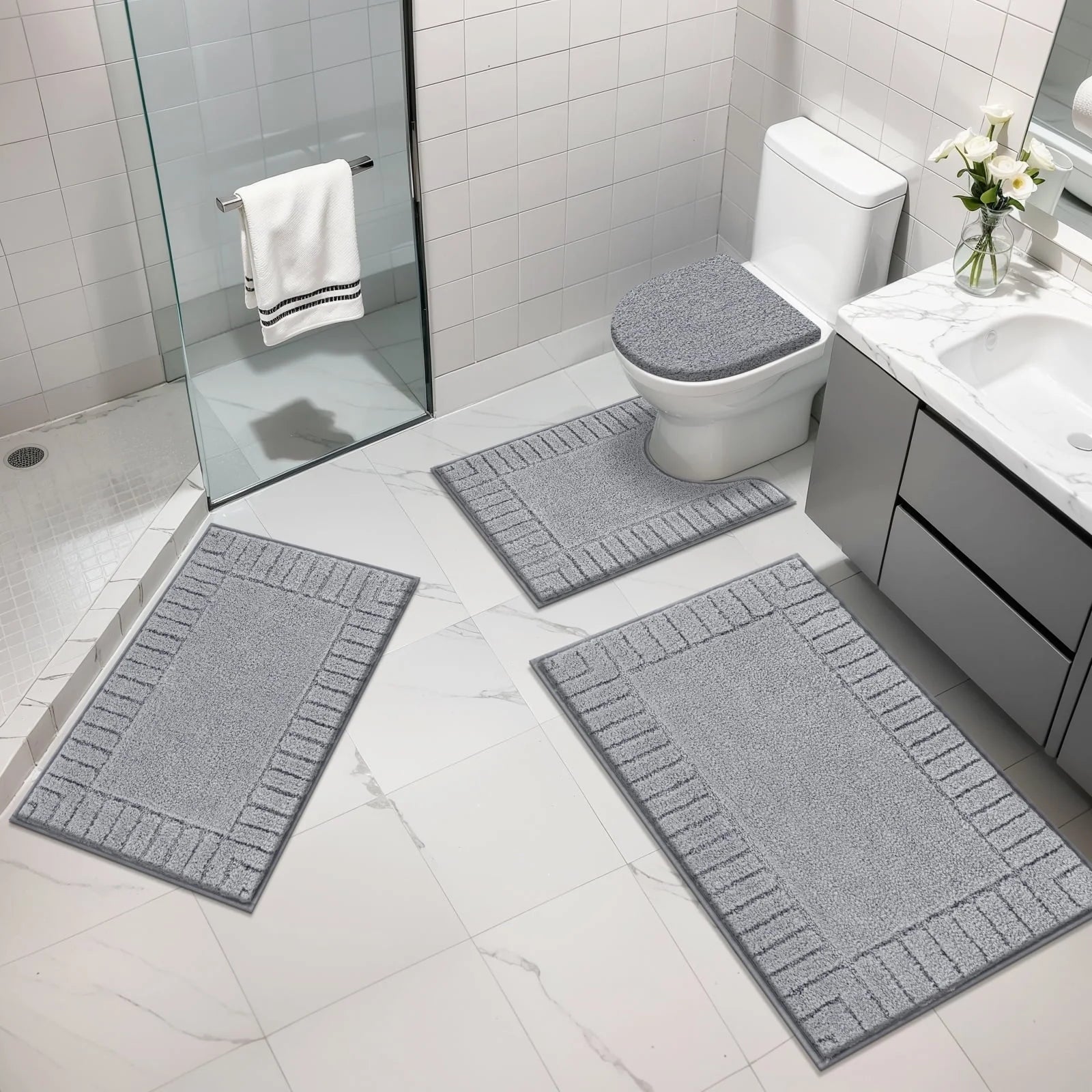 Bathroom Rugs Set of 4 Piece, Bath Mats, Microfiber Non Slip Shaggy Ultra Soft Bathroom Runner with U Shaped Contour Toilet Mat for Bathroom, Shower Inside Floor, Gray