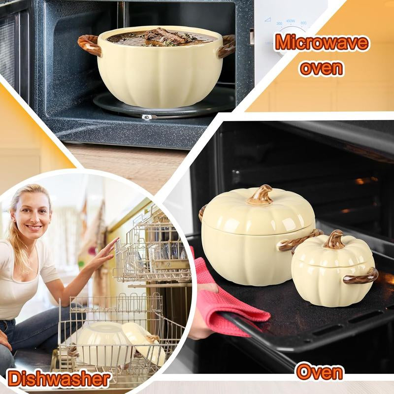 Set of 5 Ceramic Pumpkin Bowls with Lids & Handles – 17oz & 54oz Fall-Themed Soup, Dessert, and Storage Pots