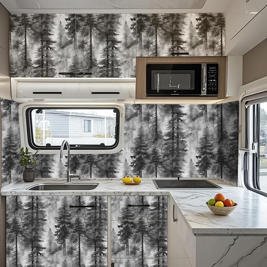 Black and White Forest Thick Vinyl Peel and Stick Wallpaper for Bathrooms and Bedrooms