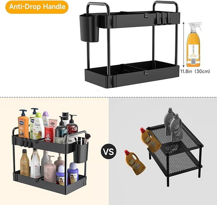 3 Pack Under Sink Organizers And Storage With Dividers,2-Tier Bathroom Organizers and Storage,Kitchen Organization,Cabinet Organizer With Hooks,Hanging Cup,Dividers,Handles