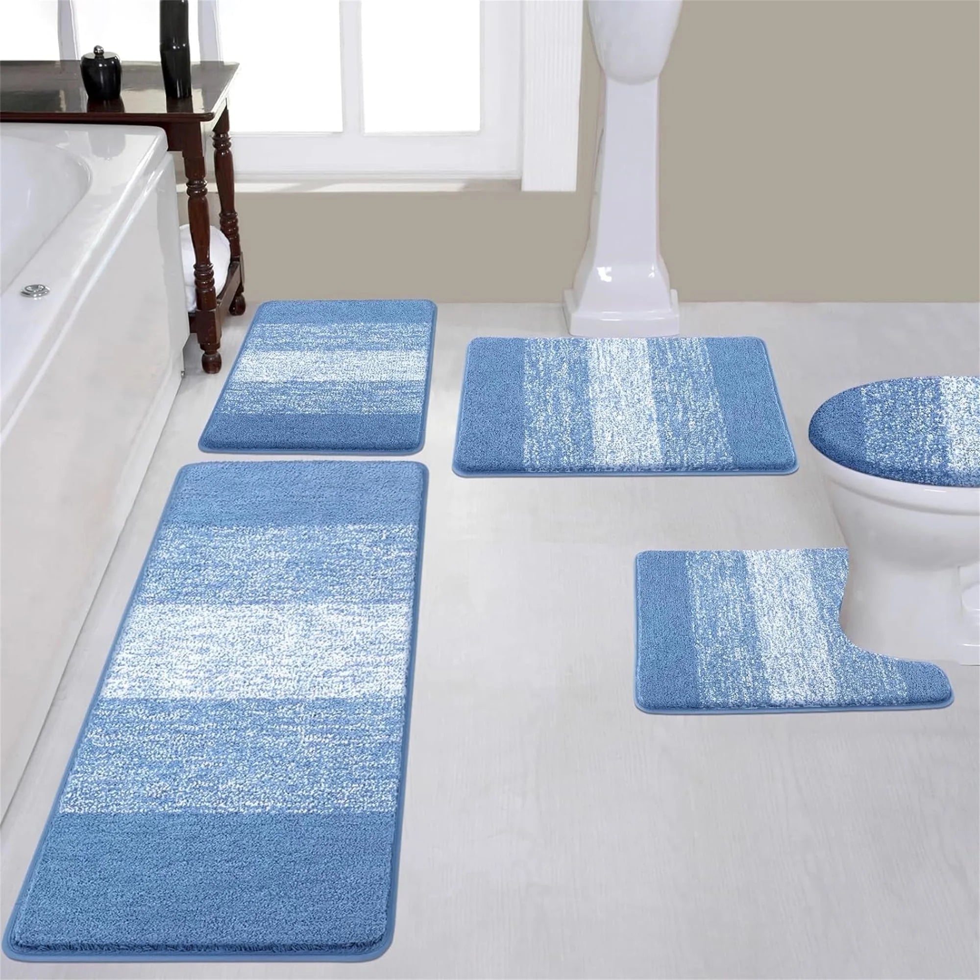 Traditional 4 Piece Microfiber Washable Bathroom Rug Set, Grey