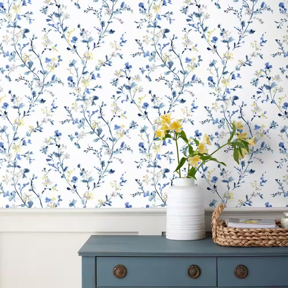 Emily White Blue Floral Peel and Stick Wallpaper Panel (covers 26 sq. ft.)