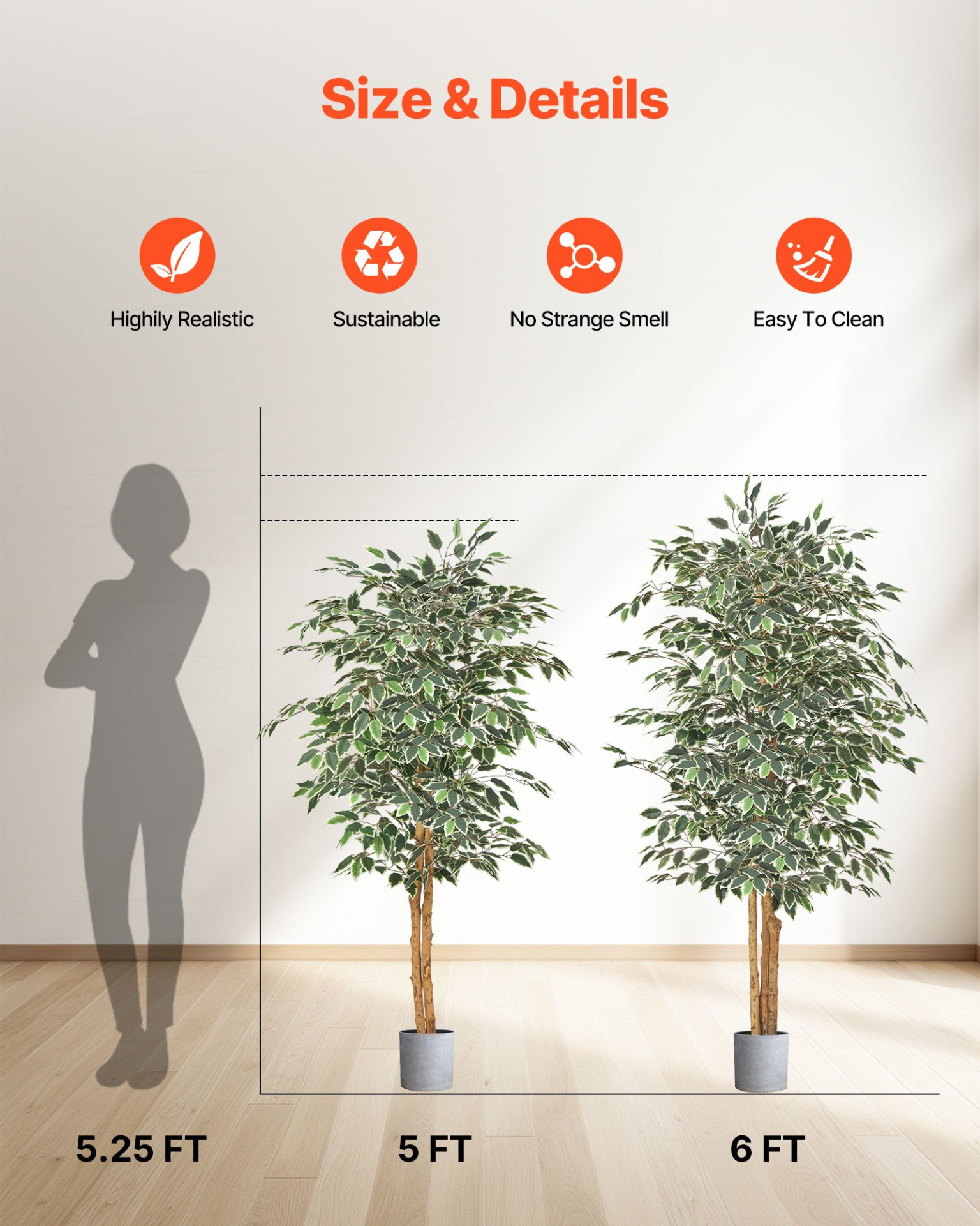 VEVOR 5FT Artificial Ficus Tree with Black Pot, Tall Faux Ficus Plant with Natural Wood Trunk and Realistic Green Leaves, Indoor Fake Silk Tree for Home, Office, Living Room, or Corner Décor