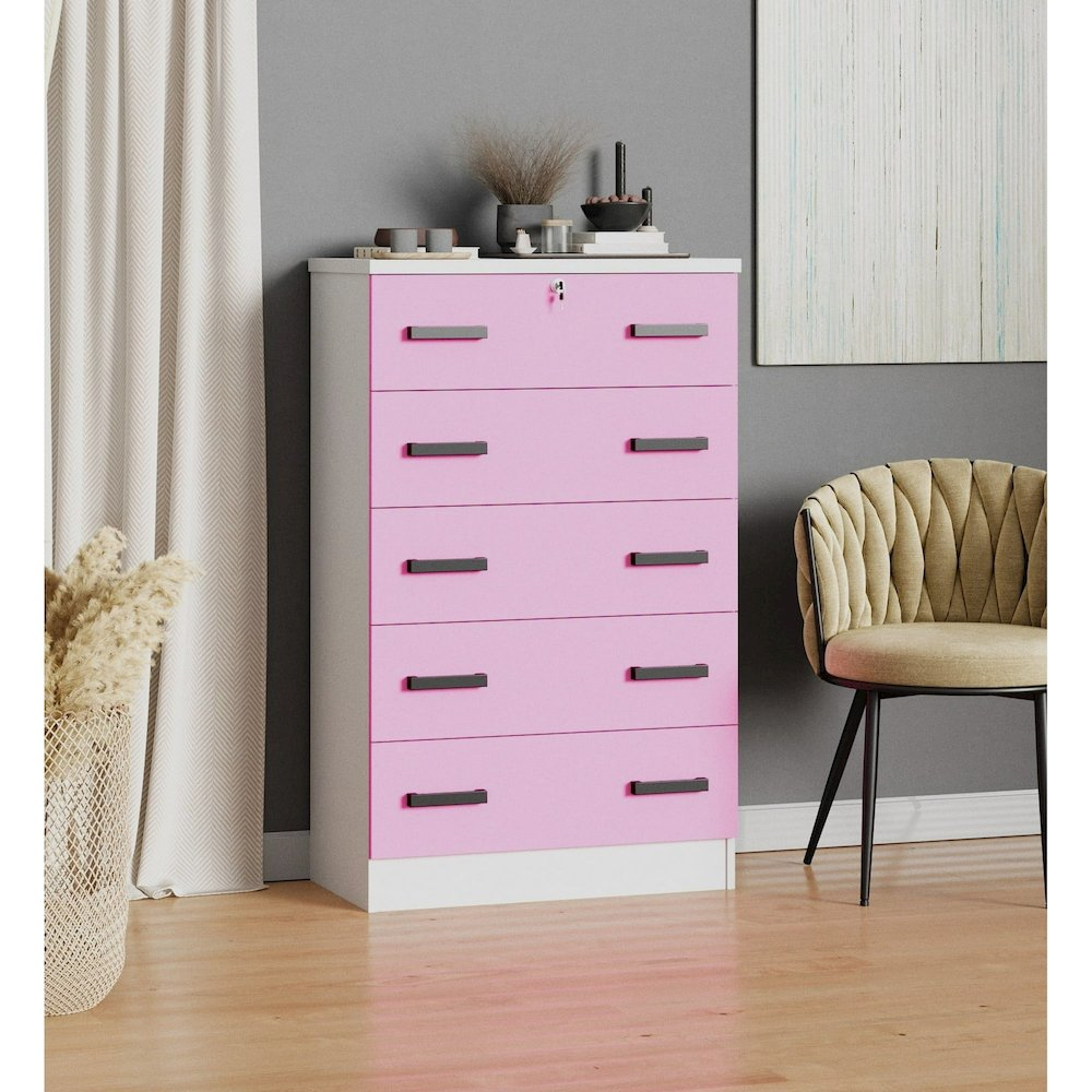 5-Drawer Wooden Chest Dresser with Lock in Multi-Color Engineered Wood