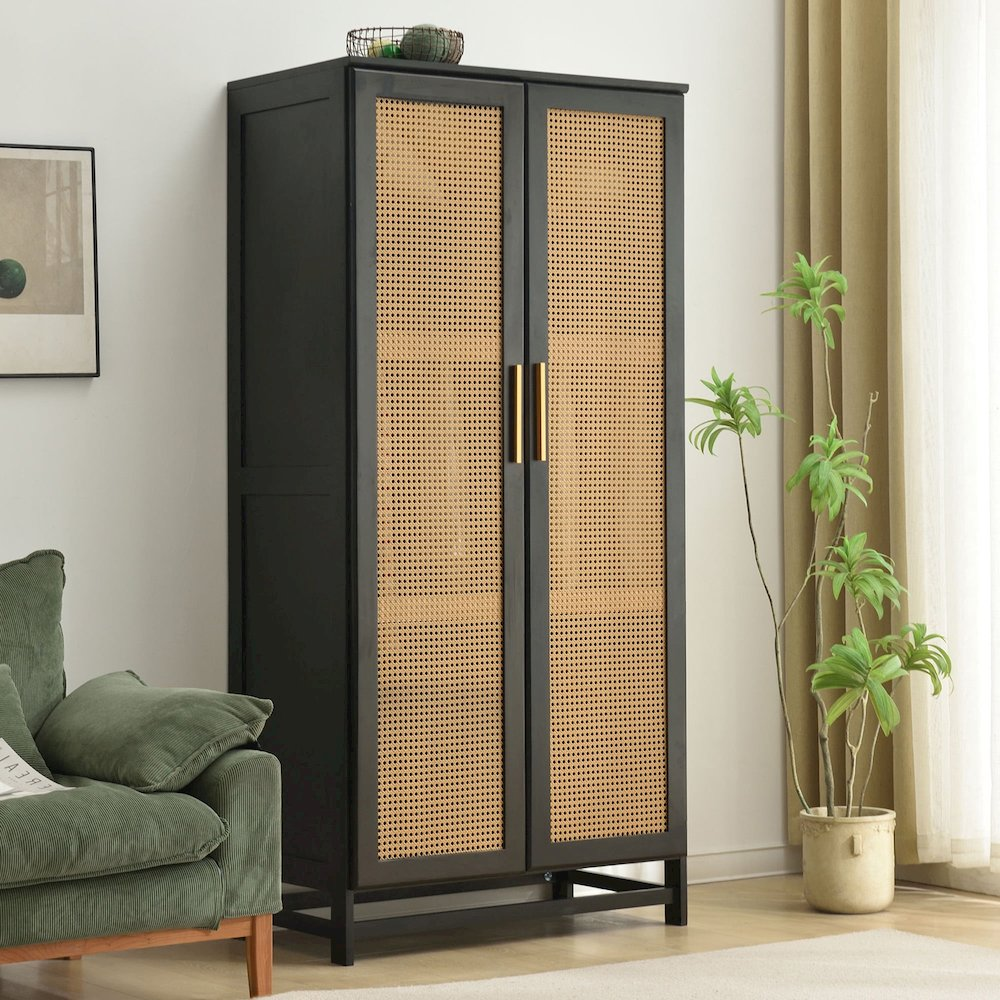 Solid Wood Wardrobe Rattan Doors in Black Color