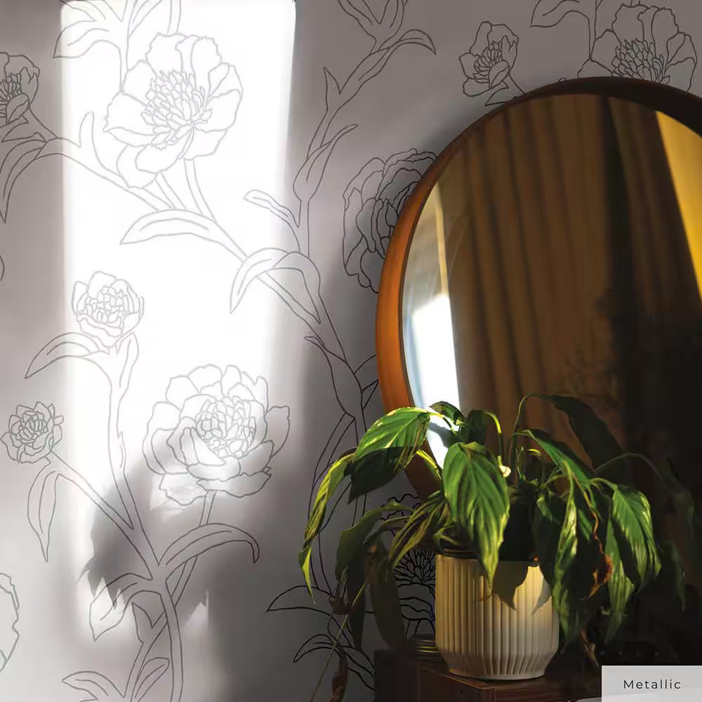 Metallic Black and White Peonies Vinyl Peel and Stick Wallpaper Roll