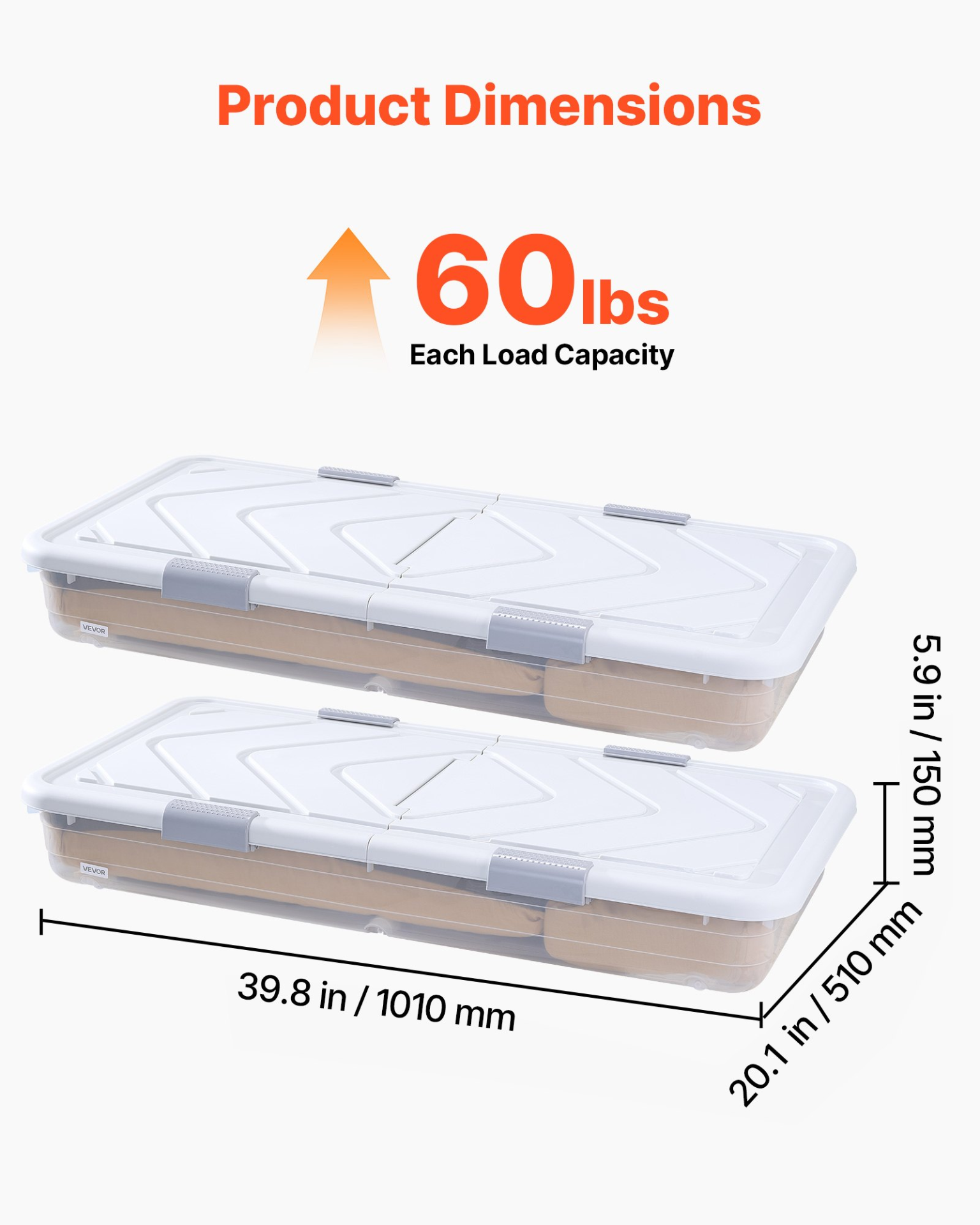 VEVOR Rolling Under Bed Storage with Wheels – Low-Profile Organizer with Lid, 2-Pack