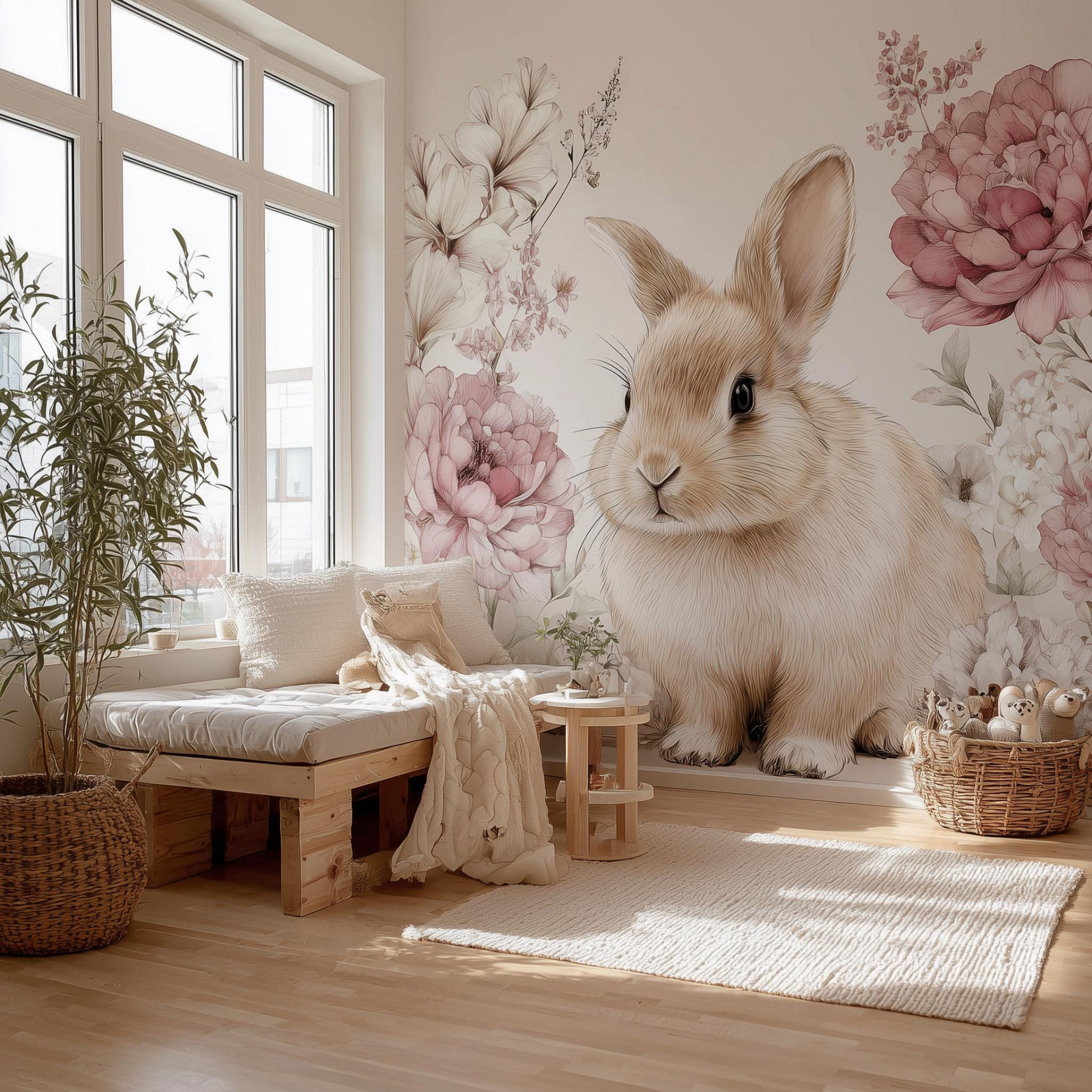 Giant Bunny Wall Decal with Flowers | Boho Nursery Animal Mural | Removable Baby Room Vinyl | Woodland Rabbit Wall Sticker for Kids