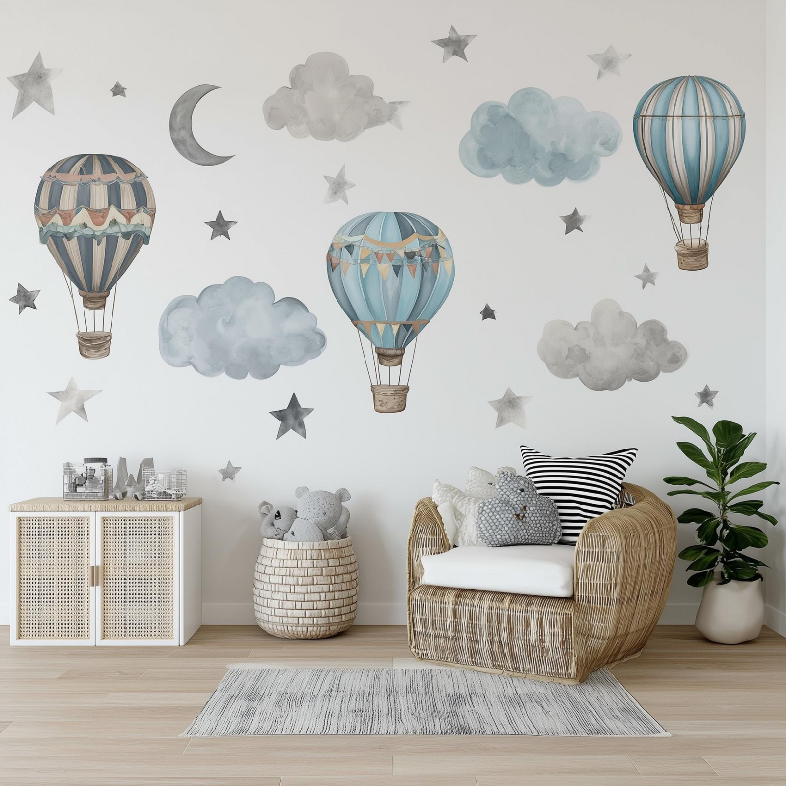 Vintage Hot Air Balloon Wall Decals – Watercolor Nursery Vinyl Set for Calm, Sky-Inspired Interiors
