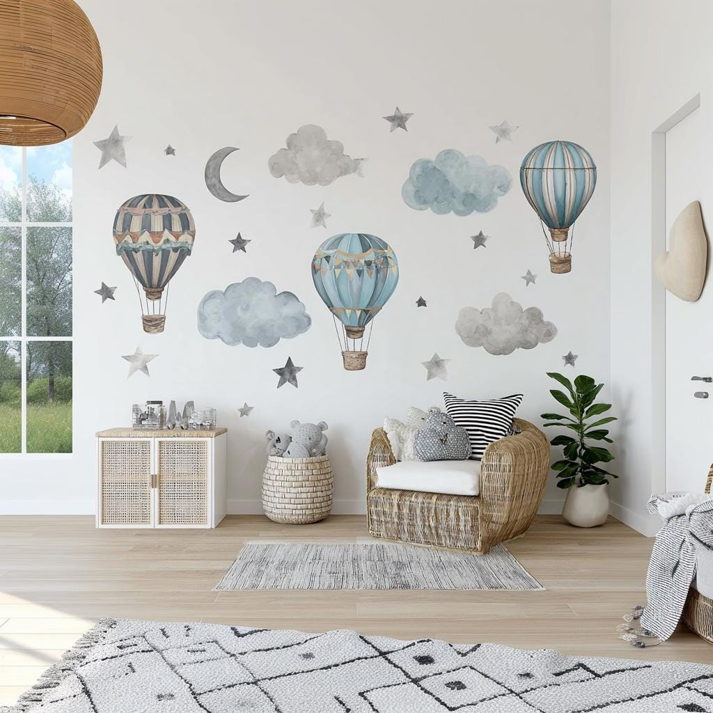 Vintage Hot Air Balloon Wall Decals – Watercolor Nursery Vinyl Set for Calm, Sky-Inspired Interiors