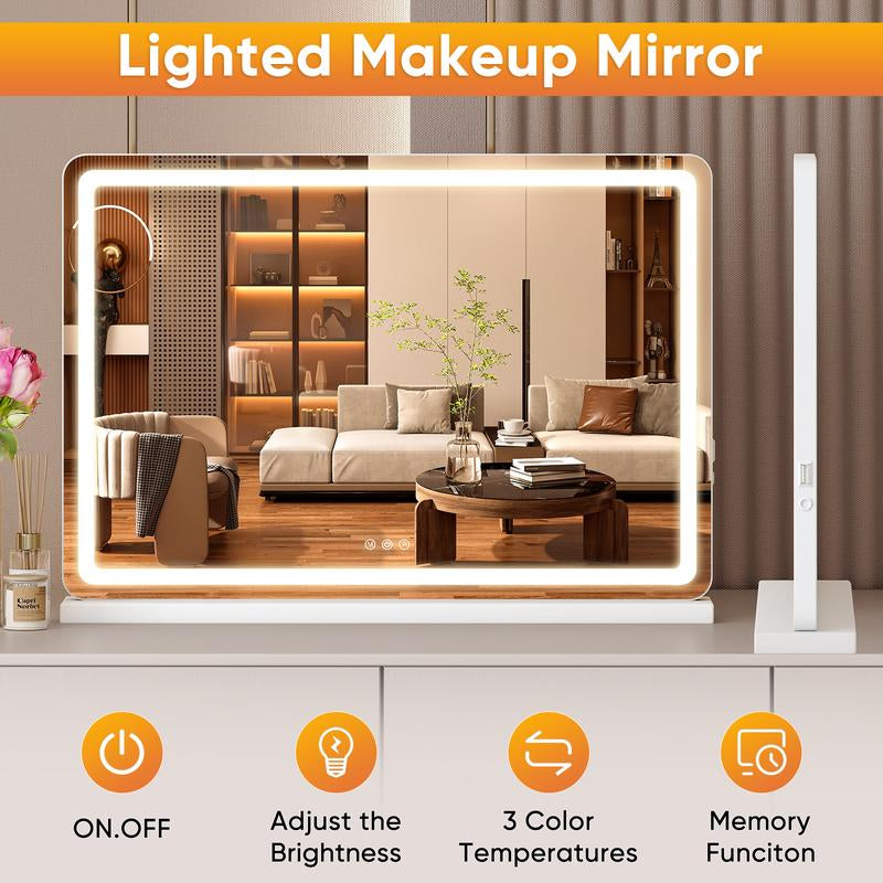 LED Makeup Mirror with 3-Mode Lighting, Touch Control, 10x Magnification, Detachable Base