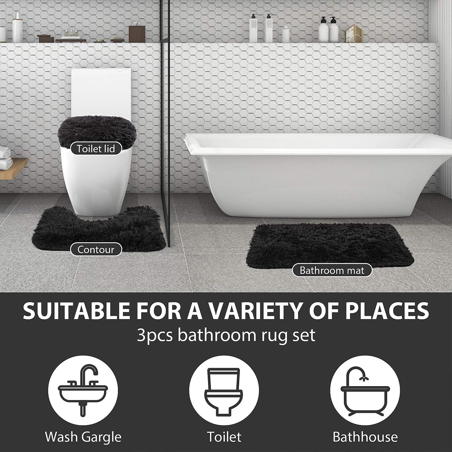 3 Piece Thicken 0.4" Bath Mat Set, Black Bathroom Rug, Contour Mat and Toilet Seat Cover, Super Long Soft Microfiber Water Absorbent and Non Slip Bathroom Rug Set with PVC Point Rubber Backing (Black)