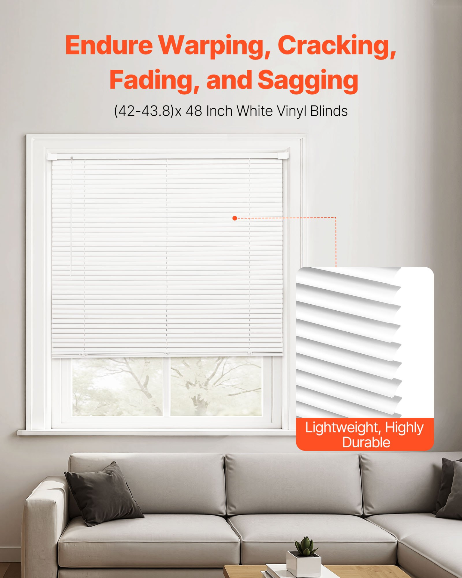 VEVOR Mini Blinds, 43.3" W x 48" H, 1" Slat Size, Cordless Horizontal Light Filtering No-Drill Mini Blind for Indoor Windows, Easy to Clean and Adjustable, for Home Decor, Room Darkening, White
