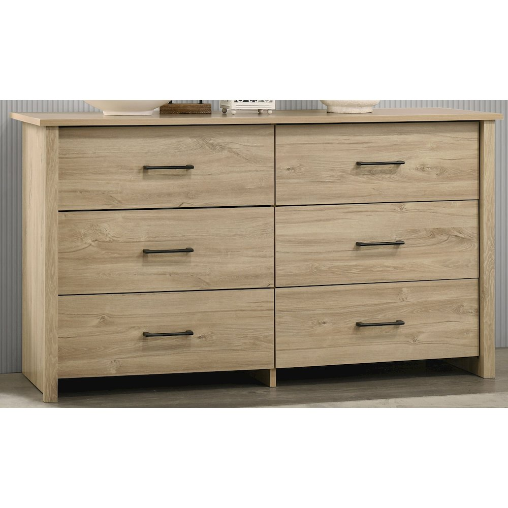 Celeste 57"W Light Oak Finish 6-Drawer Dresser with Black Handles