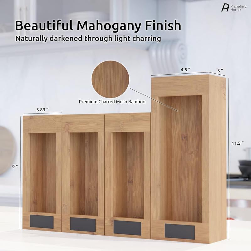 WWDPOOL Premium Bamboo Kitchen Wall & Drawer Customizable Baggie Organizers, For Slider, Freezer, & Storage Bags up to Gallon Size Set Expandable Room Boxes