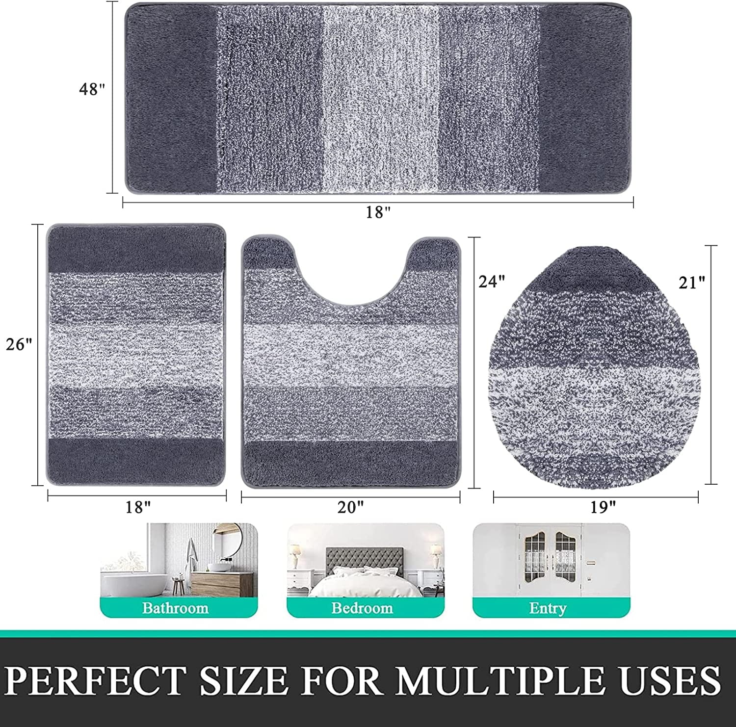 Traditional 4 Piece Microfiber Washable Bathroom Rug Set, Grey