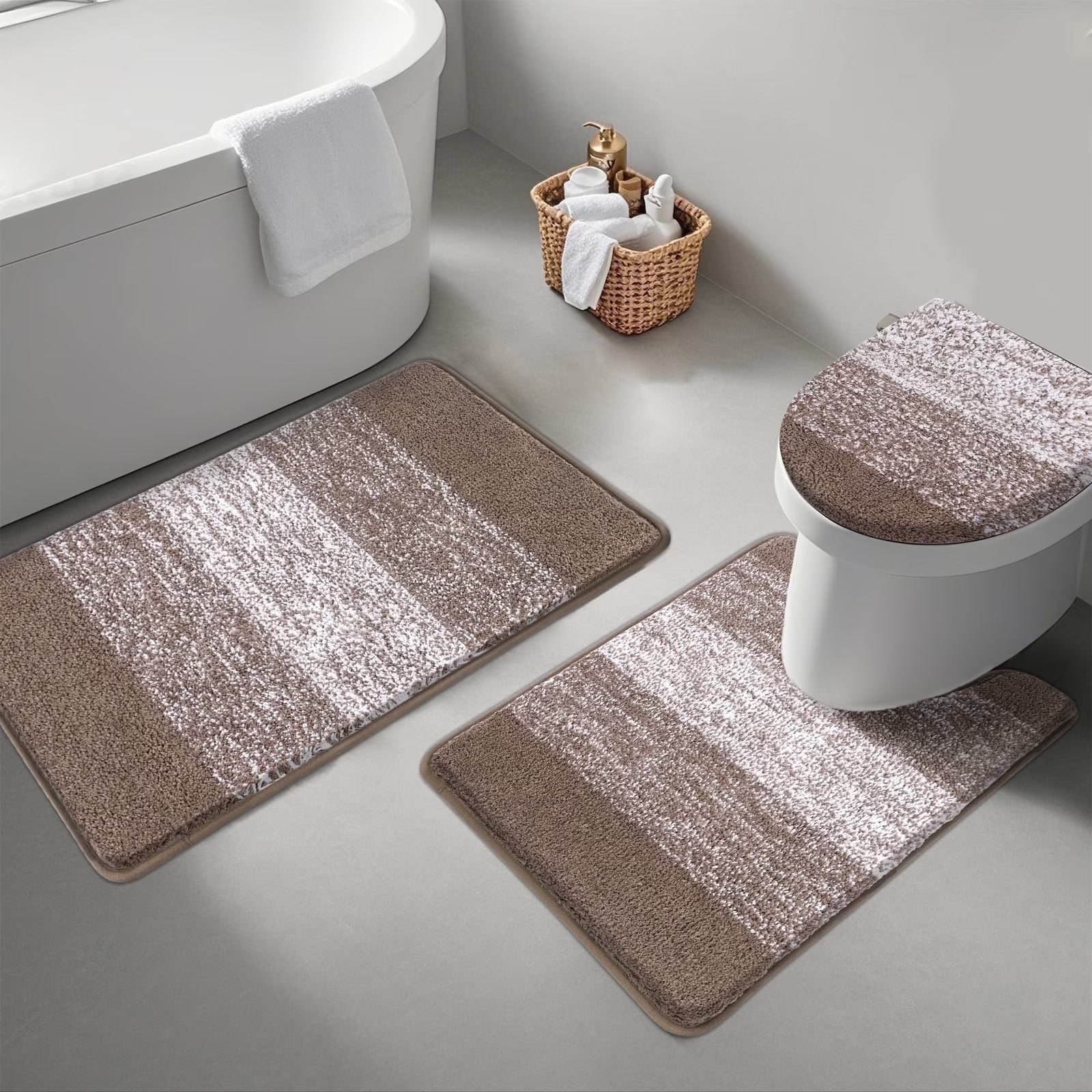 Traditional 4 Piece Microfiber Washable Bathroom Rug Set, Grey