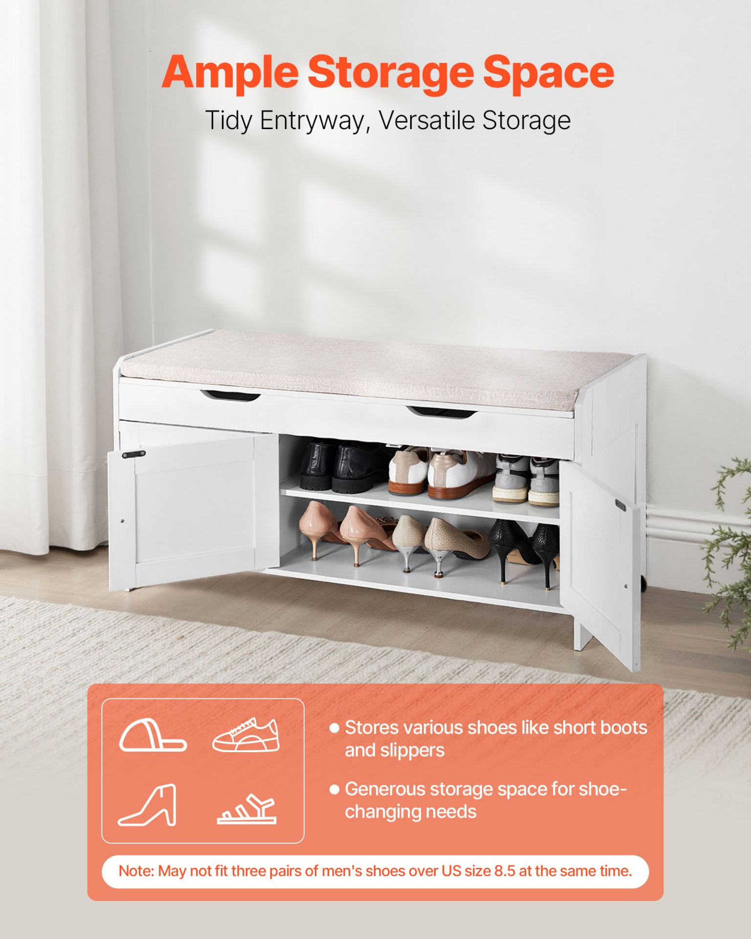 VEVOR Shoe Bench, 41.3 x 13.8 x 19.8 Inch Entryway Bench with Lift Top Storage and Seat Cushion, 250lbs Shoe Rack with 3 Cabinets and Height Adjustable Shelf, for Bedroom, Hallway, White + Black