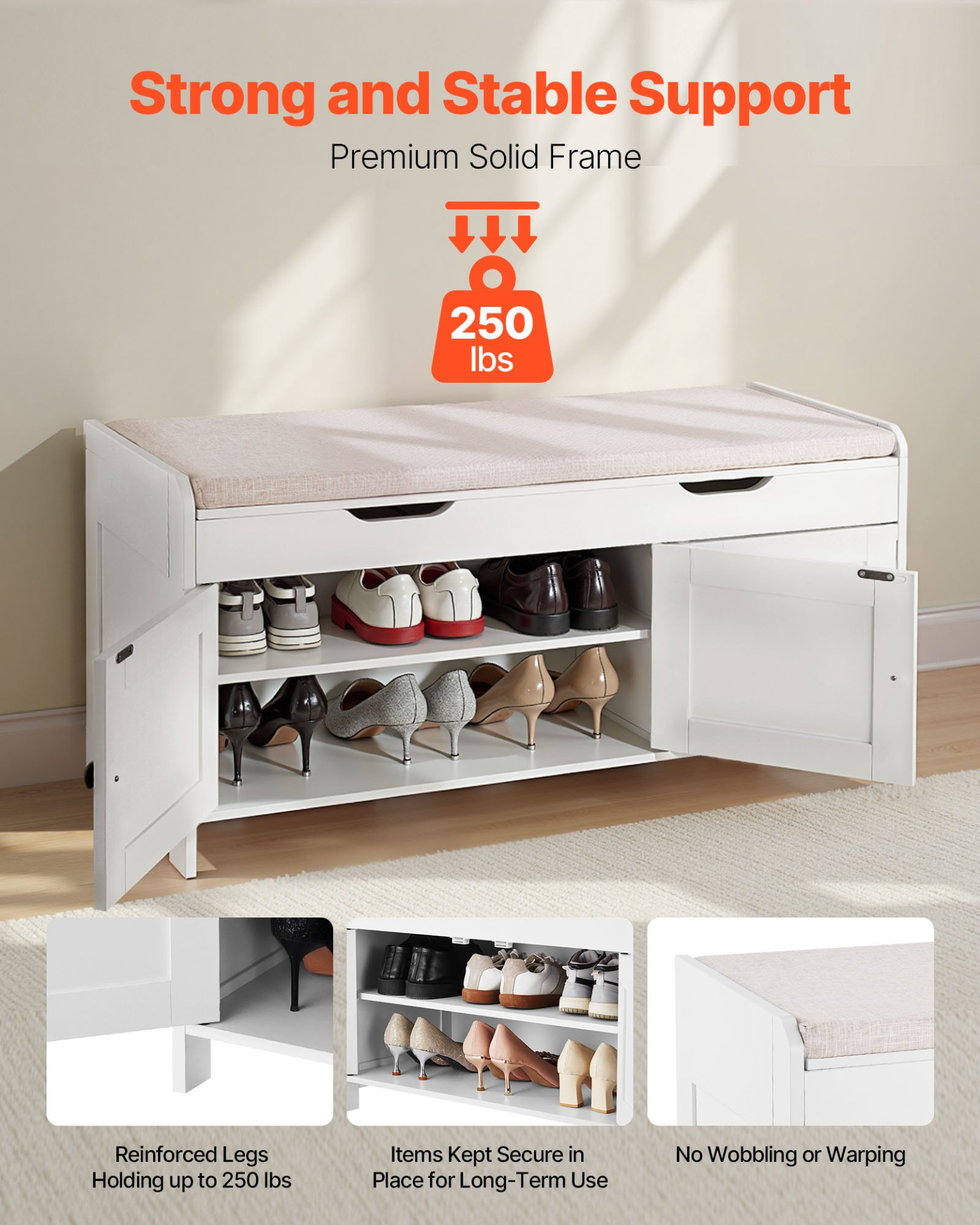 VEVOR Shoe Bench, 41.3 x 13.8 x 19.8 Inch Entryway Bench with Lift Top Storage and Seat Cushion, 250lbs Shoe Rack with 3 Cabinets and Height Adjustable Shelf, for Bedroom, Hallway, White + Black