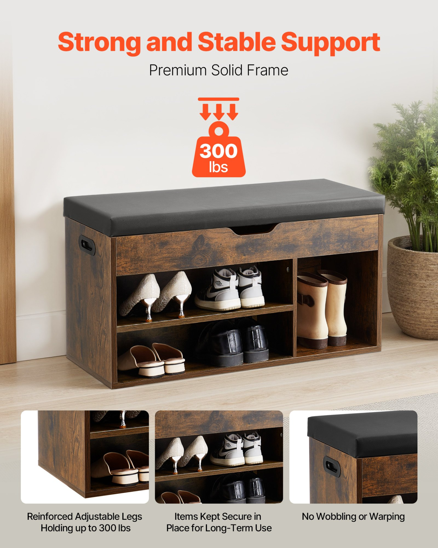 VEVOR Entryway Shoe Bench, 31.7 x 12.0 x 17.5 Inch Shoe Storage Organizer with Lift Top Storage Space, 300lbs Bench with Cushion Seat and 3 Cabinets for Hallway, Living Room, Bedroom, Brown + Black