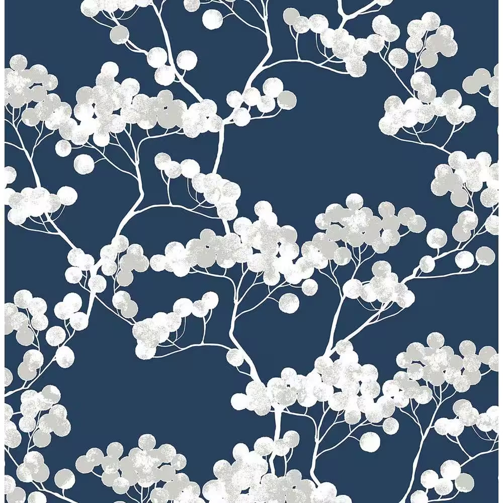 Cyprus Blossom Navy Blue and Grey Floral Vinyl Peel and Stick Wallpaper Roll