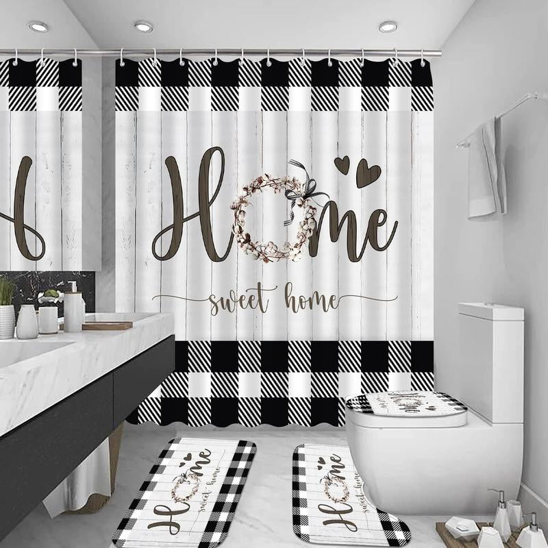 Black & White Rustic Bathroom Set – Shower Curtain with Matching Rugs & Toilet Mat