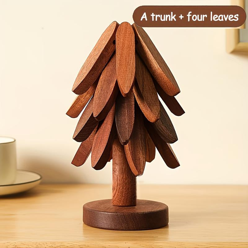 Set of 4pcs Heat-Resistant Tree Design Wooden Trivets, High-Temp Resistant Kitchen Decorative Placemat, Table Mats, Pot Holders & Coasters, Ideal Christmas Gift