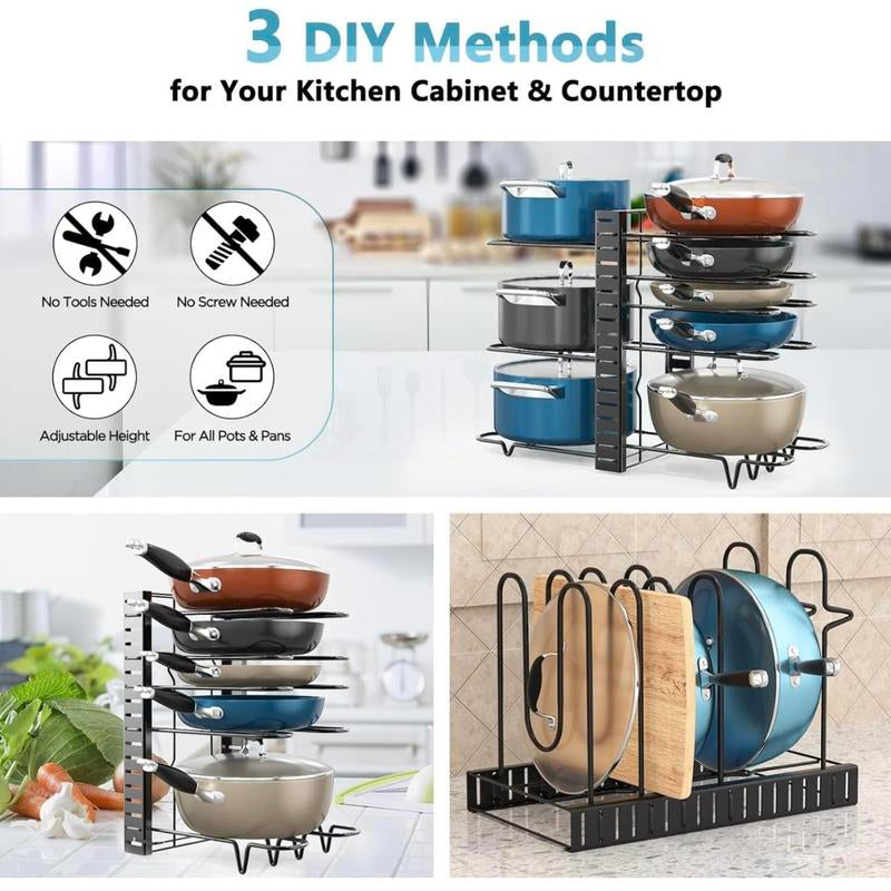 Upgraded 8-Tier Pots and Pans Organizer Rack for Kitchen Cabinets – 3 DIY Assembly Methods, Large Pot and Lid Storage Rack, Kitchen Cookware Organizer (Black)