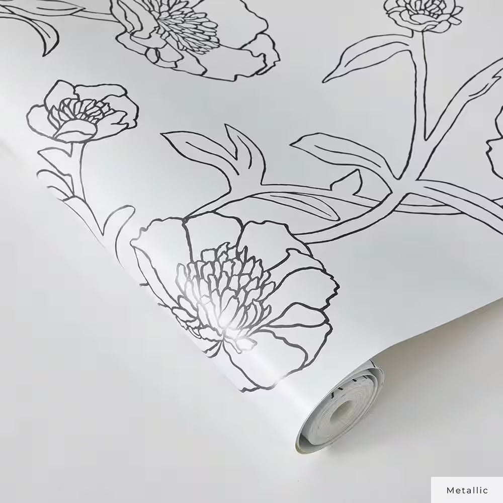 Metallic Black and White Peonies Vinyl Peel and Stick Wallpaper Roll
