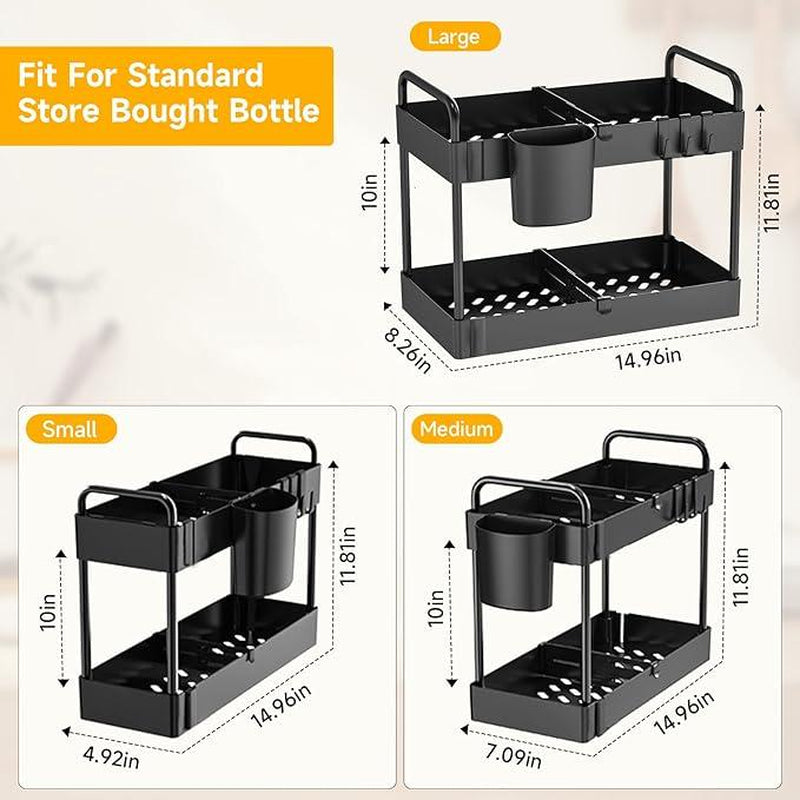 3 Pack Under Sink Organizers And Storage With Dividers,2-Tier Bathroom Organizers and Storage,Kitchen Organization,Cabinet Organizer With Hooks,Hanging Cup,Dividers,Handles