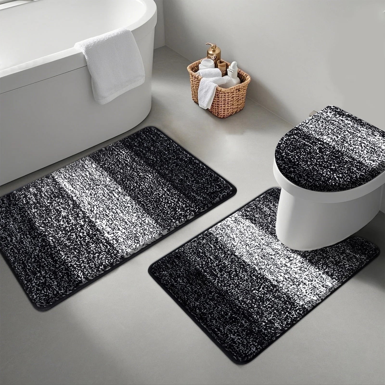 Traditional 4 Piece Microfiber Washable Bathroom Rug Set, Grey