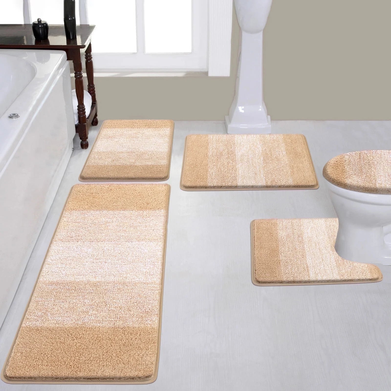 Traditional 4 Piece Microfiber Washable Bathroom Rug Set, Grey