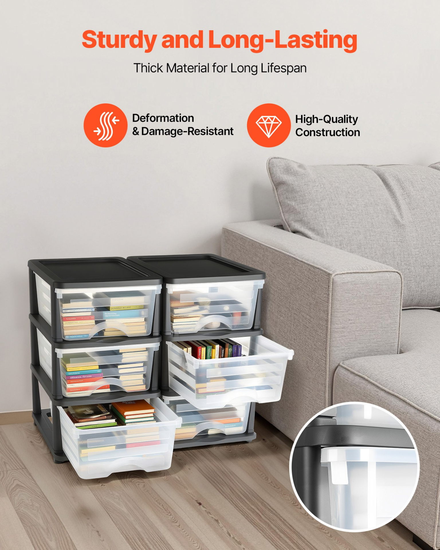 VEVOR Plastic Storage Drawers, 2 Pack Storage Organizer Drawer, 6 Drawers Closet Organization and Storage Dividers, Dresser Organizer Clear Bins for Office Supplies, Craft Rooms, Classrooms and Home