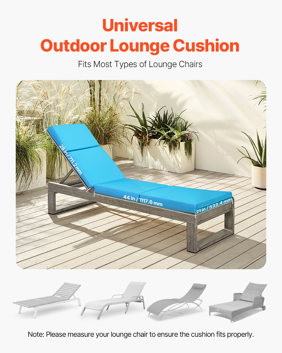 VEVOR Chaise Lounge Cushion, 72 x 21 x 4 in, Set of 2 Outdoor Lounge Chair Cushions, Waterproof & Fade-Resistant, Sun Lounger Cushions with Ties, Thick Patio Lounger Pads for Pool Deck, Teal Color