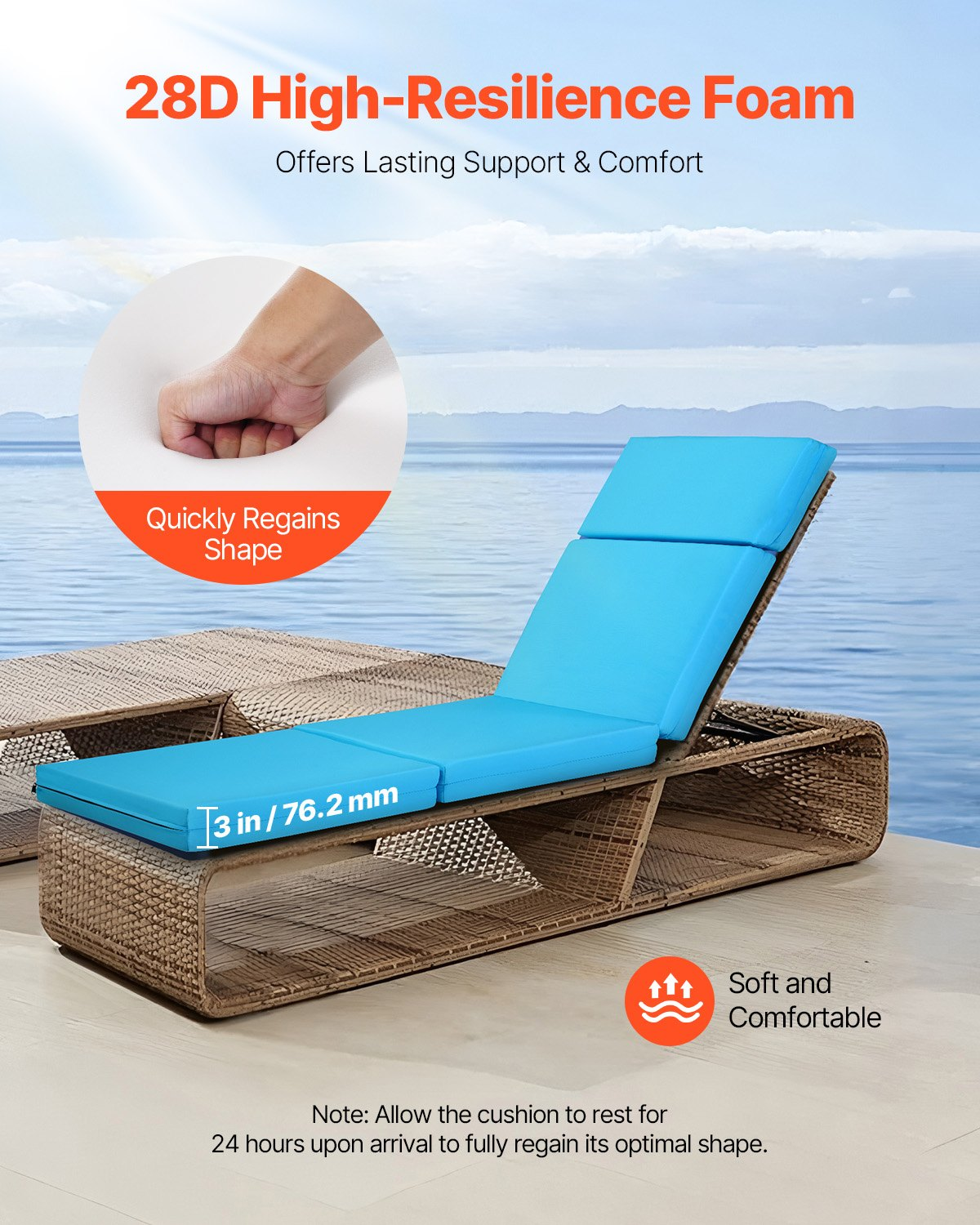 VEVOR Chaise Lounge Cushion, 72 x 21 x 4 in, Set of 2 Outdoor Lounge Chair Cushions, Waterproof & Fade-Resistant, Sun Lounger Cushions with Ties, Thick Patio Lounger Pads for Pool Deck, Teal Color