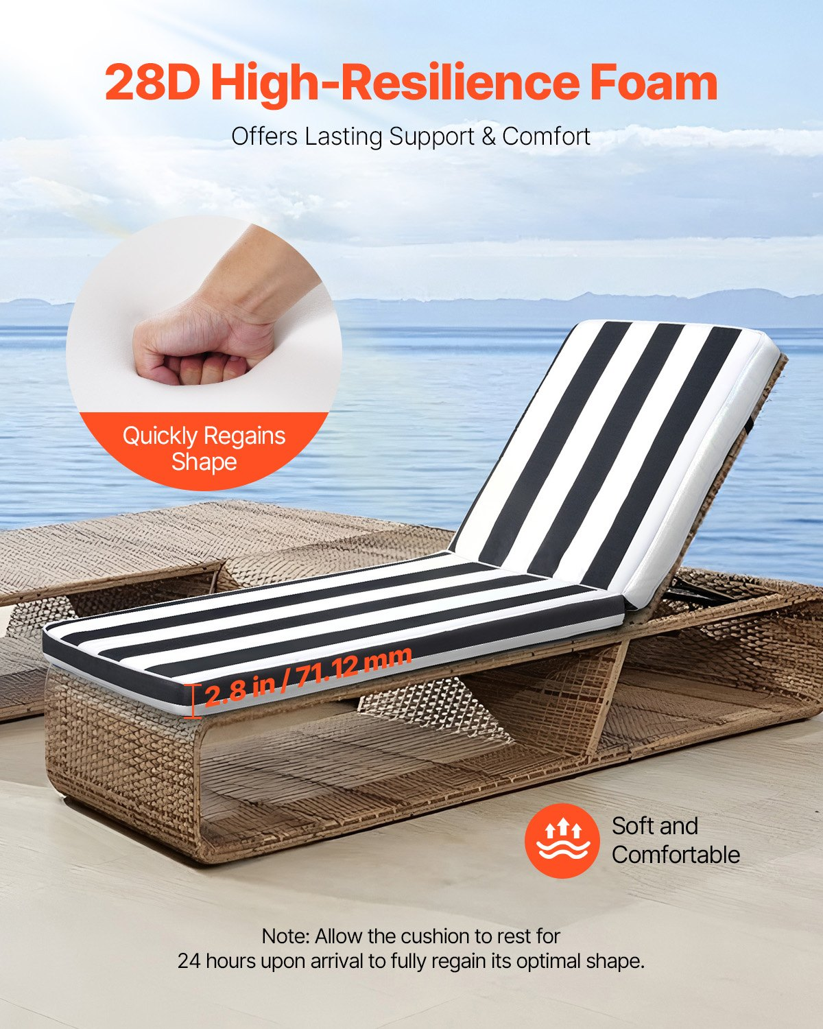 VEVOR Chaise Lounge Cushion, 74 x 22 x 3 in, Set of 2 Outdoor Lounge Chair Cushions, Waterproof & Fade-Resistant Sun Lounger Cushions with Ties, Patio Lounger Pads for Pool Deck, Black & White Stripes