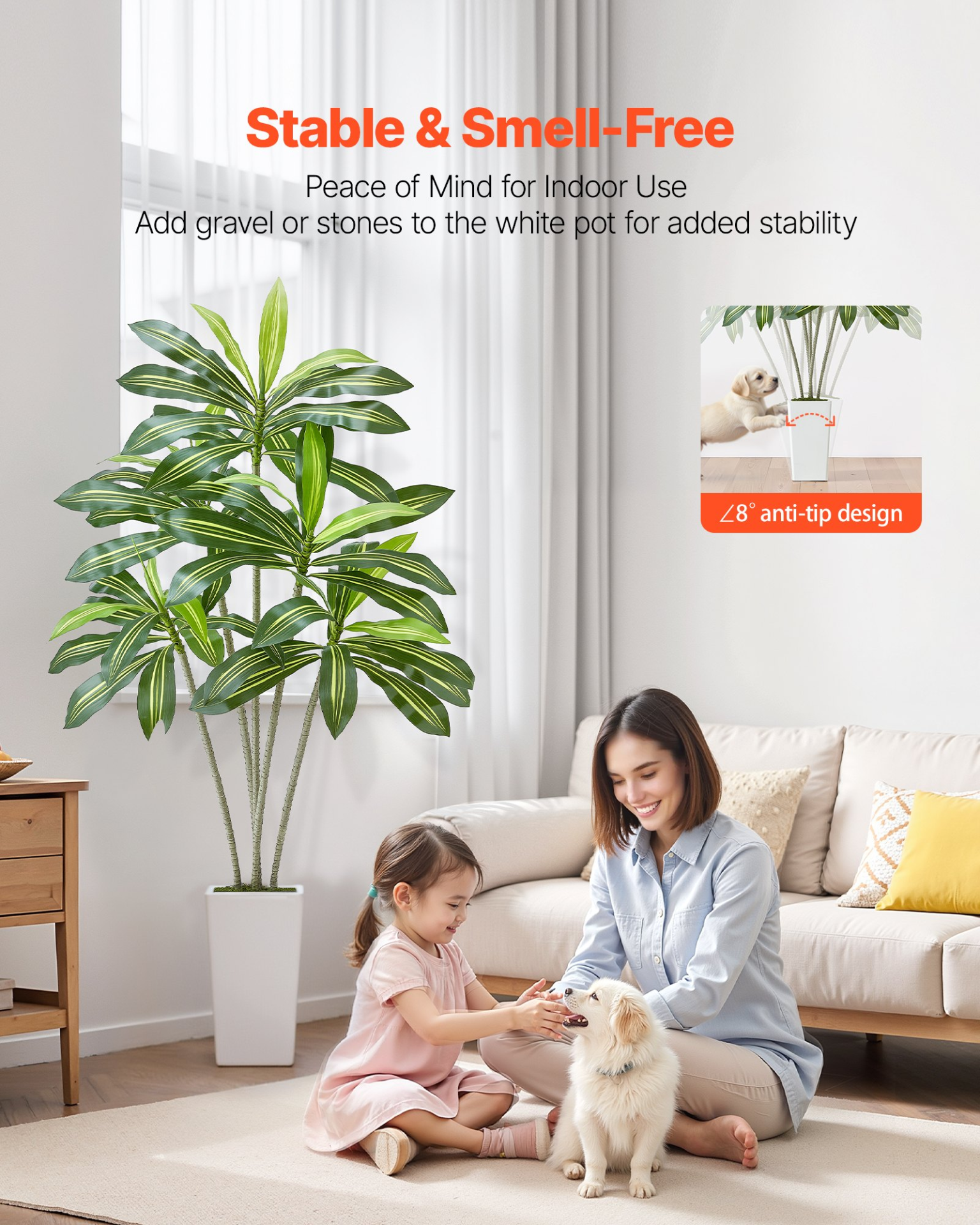 VEVOR Artificial Dracaena Tree 6 ft, Fake Palm Tropical Plants with White Tall Planter, Faux Floor Silk Plant in Pot, Large Trees for Home Office Living Room Decor House Warming, Indoor Outdoor