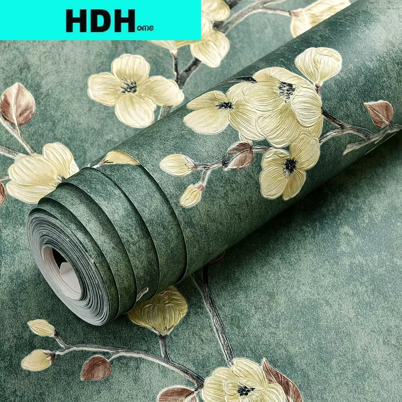 3D Green American Retro Rustic Vine Flower Non-Woven Peel and Stick Wallpaper